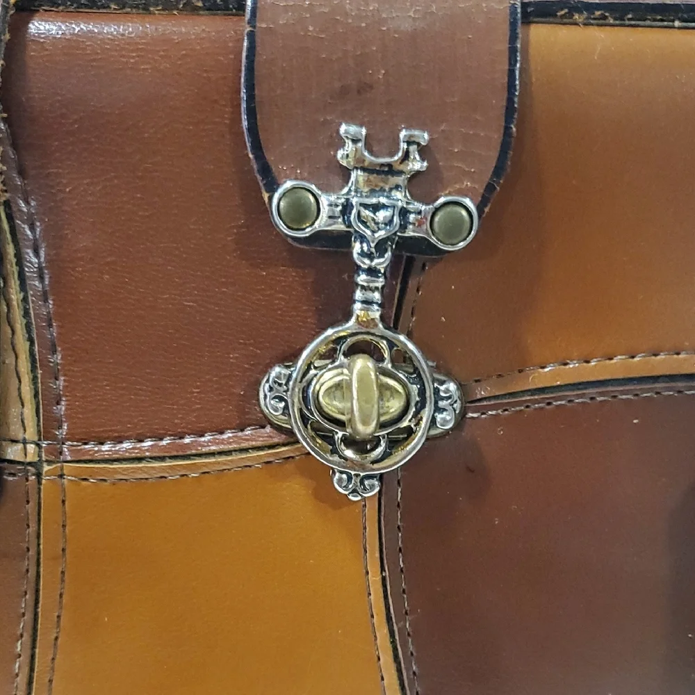 Vtg Burlington Elegant Leather Patchwork  Satchel Bag - Picture 4 of 17
